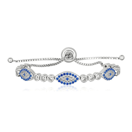 Sterling Silver Adjustable Enameled Evil Eye Bracelet with Cubic Zirconias (6.50 mm)