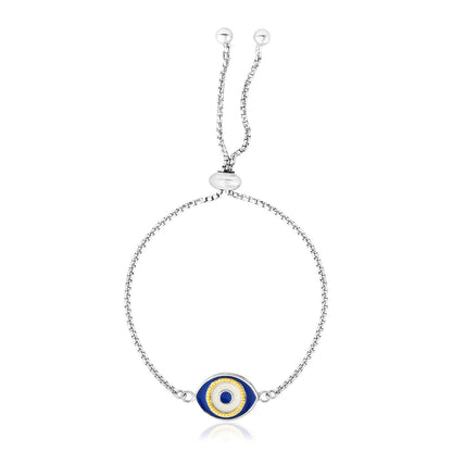 Sterling Silver Adjustable Two Toned Enameled Evil Eye Friendship Bracelet (1.00 mm)