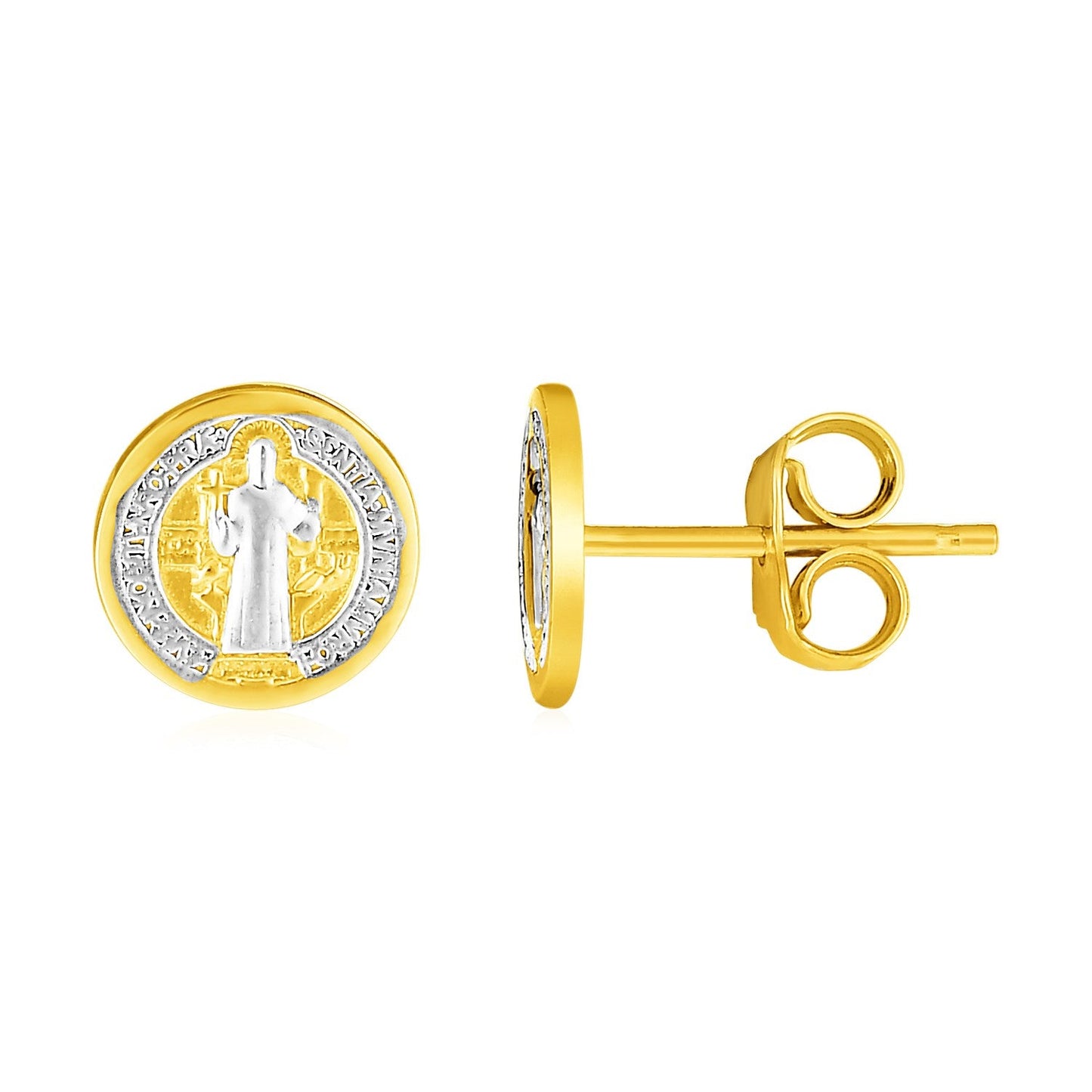 14k Two Tone Gold Round Religious Medal Post Earrings - Alexandria Jewelry & Company Beverly Hills