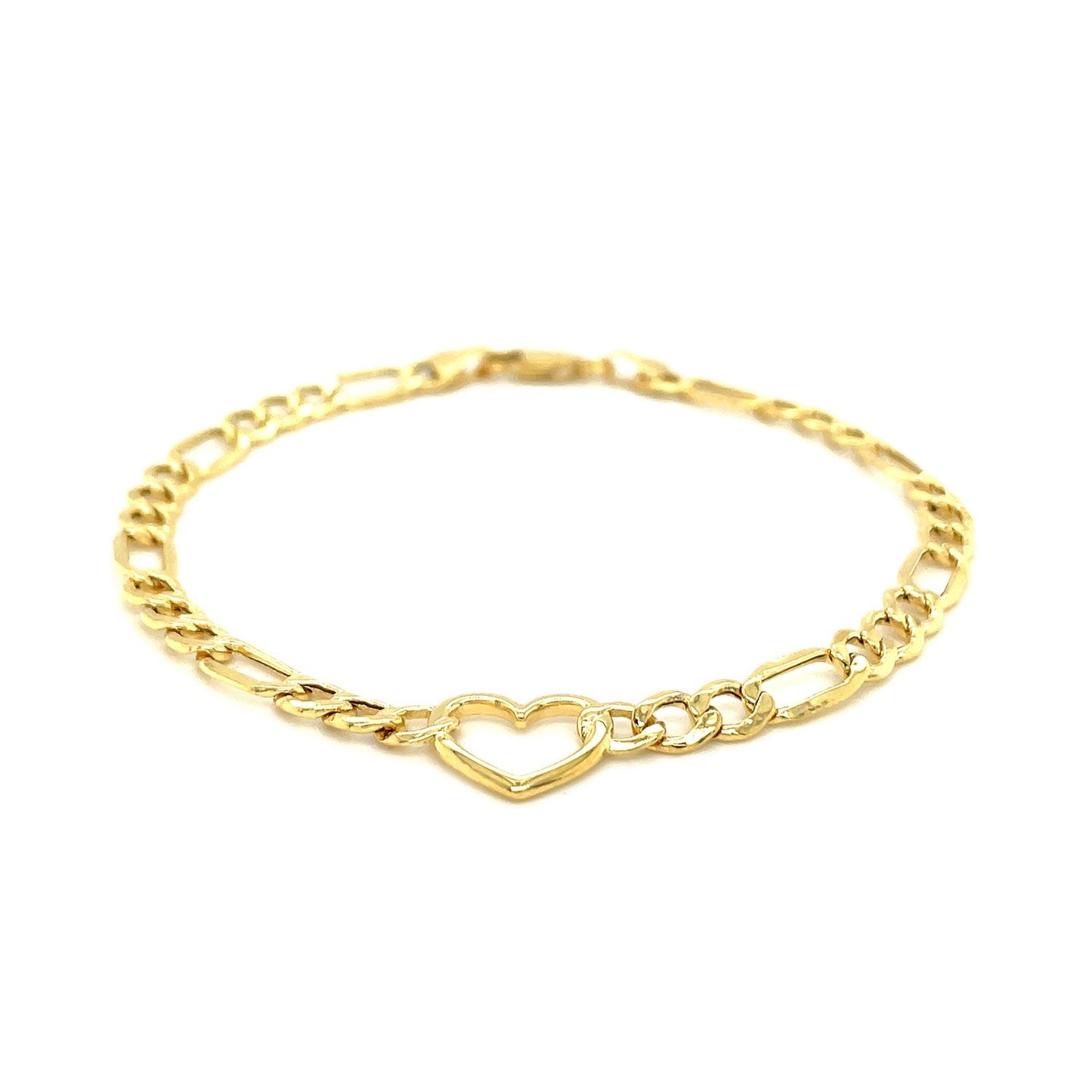 14k Yellow Gold 7 inch Figaro Chain Bracelet with Heart - Alexandria Jewelry & Company Beverly Hills