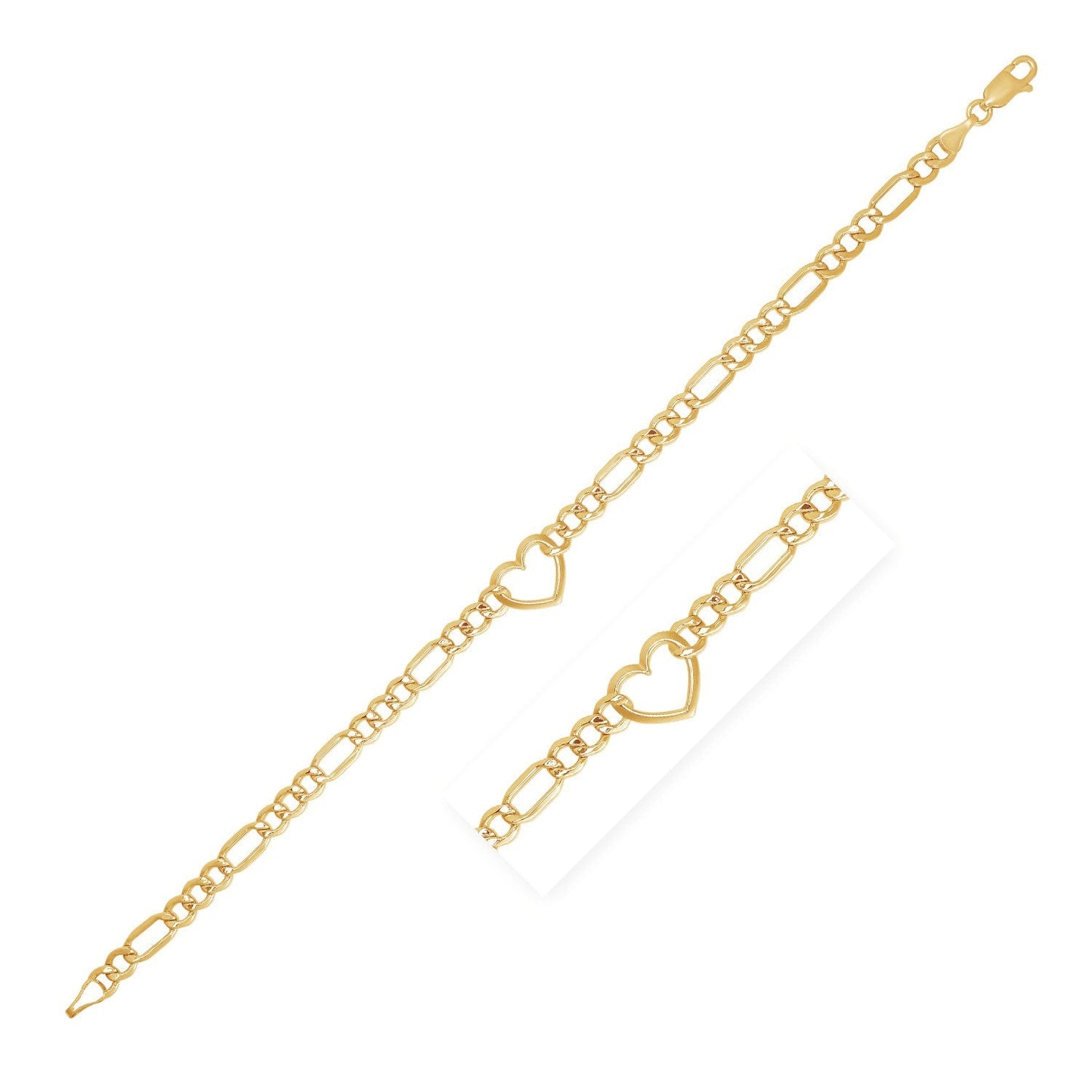 14k Yellow Gold 7 inch Figaro Chain Bracelet with Heart - Alexandria Jewelry & Company Beverly Hills