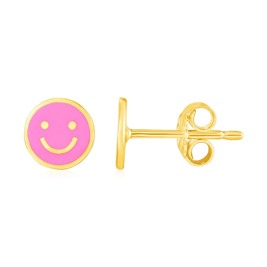 14k Yellow Gold and Enamel Pink Smiley Face Stud Earrings - Alexandria Jewelry & Company Beverly Hills