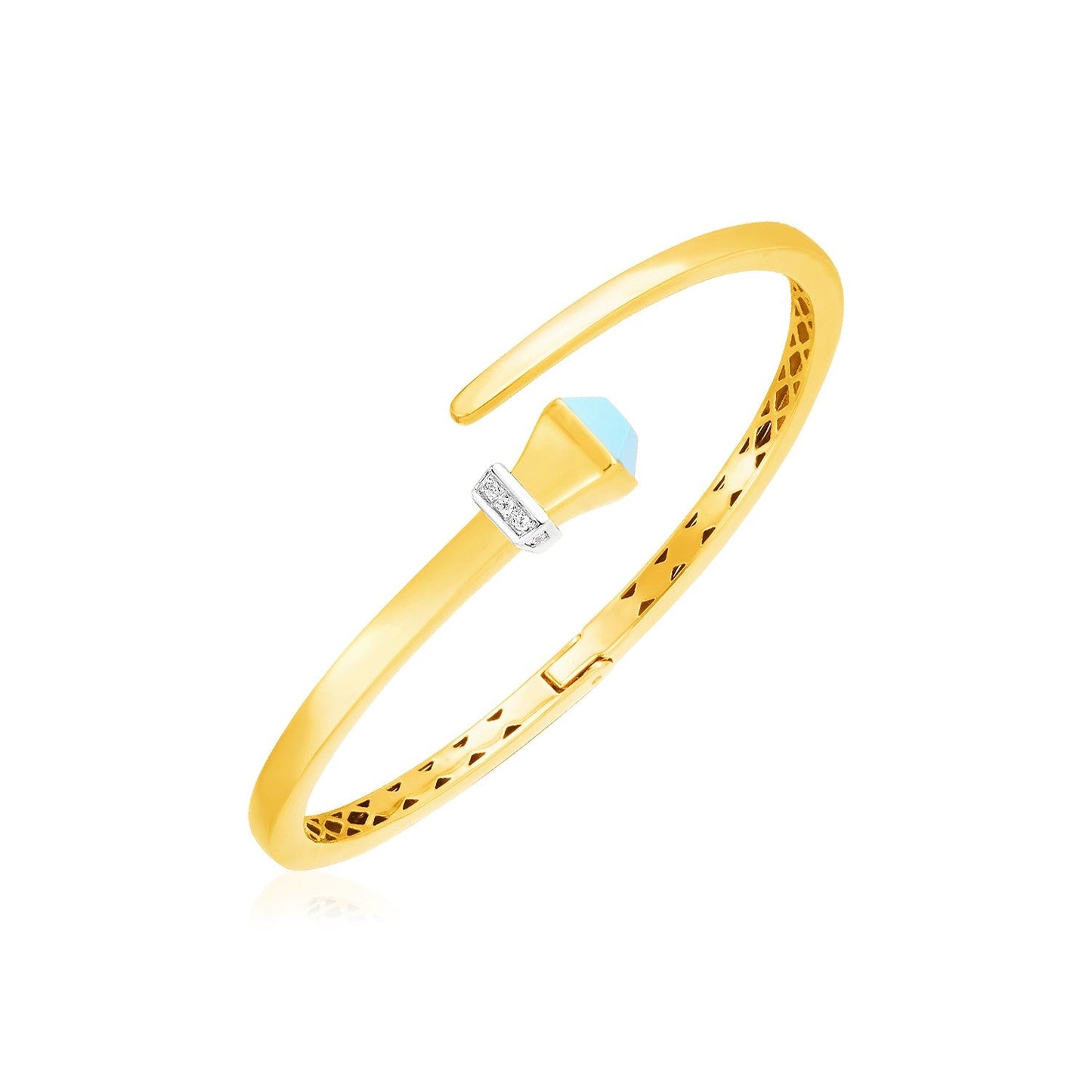 14k Yellow Gold Crossover Style Hinged Bangle Bracelet with Turquoise and Diamonds - Alexandria Jewelry & Company Beverly Hills