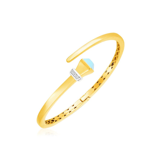 14k Yellow Gold Crossover Style Hinged Bangle Bracelet with Turquoise and Diamonds - Alexandria Jewelry & Company Beverly Hills