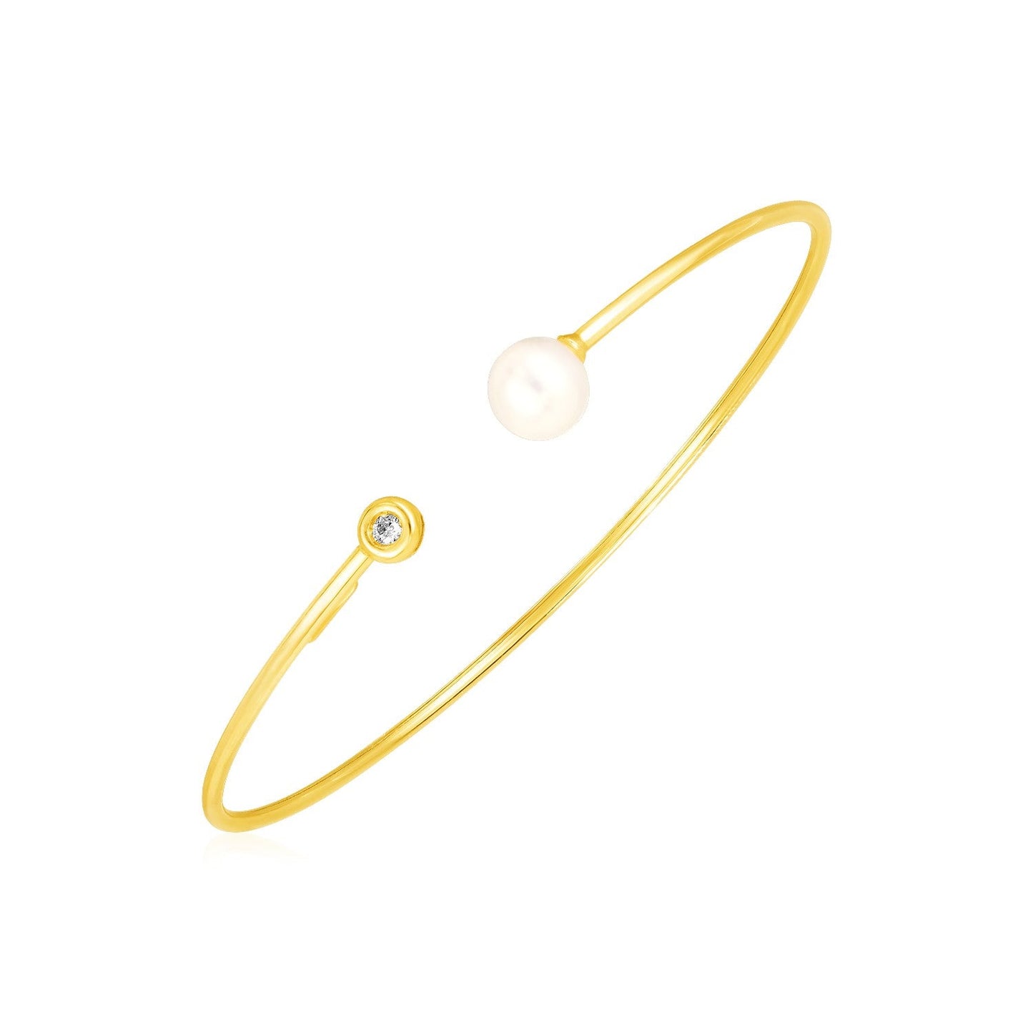 14k Yellow Gold Cuff Bangle with Pearl and Diamond - Alexandria Jewelry & Company Beverly Hills