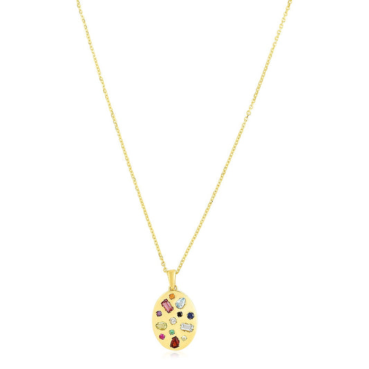 14k Yellow Gold High Polish Oval Gemstone Inlay Necklace - Alexandria Jewelry & Company Beverly Hills
