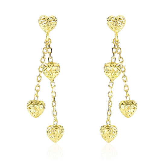 14k Yellow Gold Puffed Heart Diamond Cut Chain Dangling Earrings - Alexandria Jewelry & Company Beverly Hills