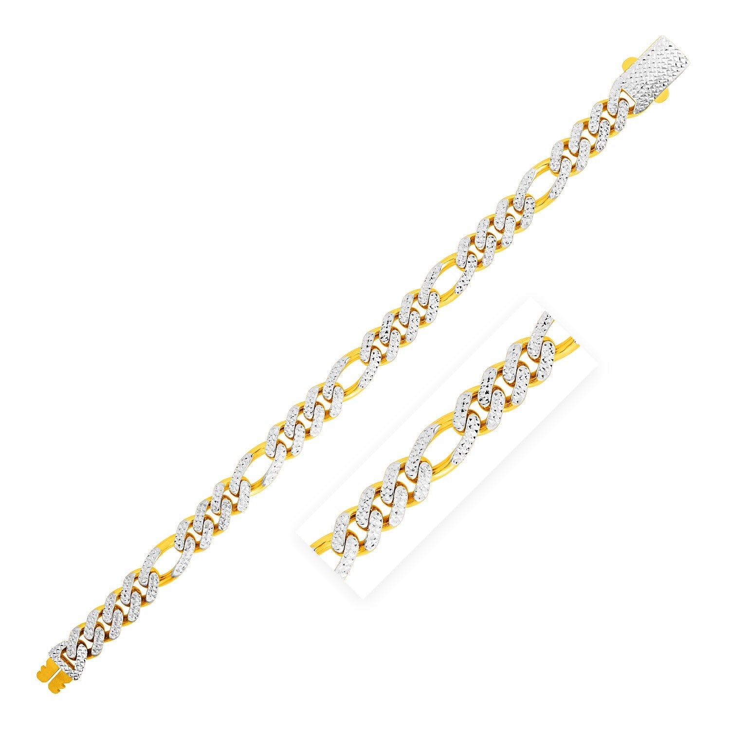 14k Yellow Gold White Pave High Polish Modern Lite Figaro Bracelet (9.5mm) - Alexandria Jewelry & Company Beverly Hills