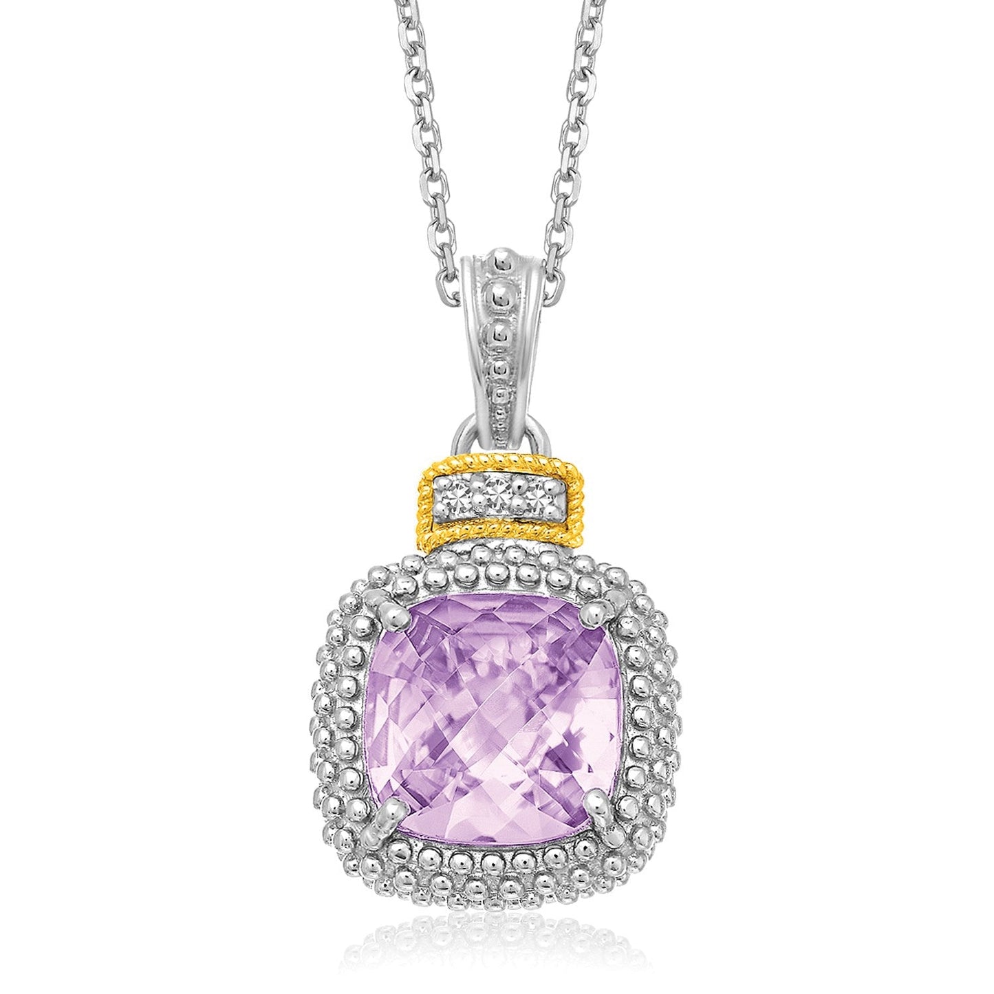 18k Yellow Gold & Sterling Silver Cushion Amethyst and Diamond Pendant - Alexandria Jewelry & Company Beverly Hills