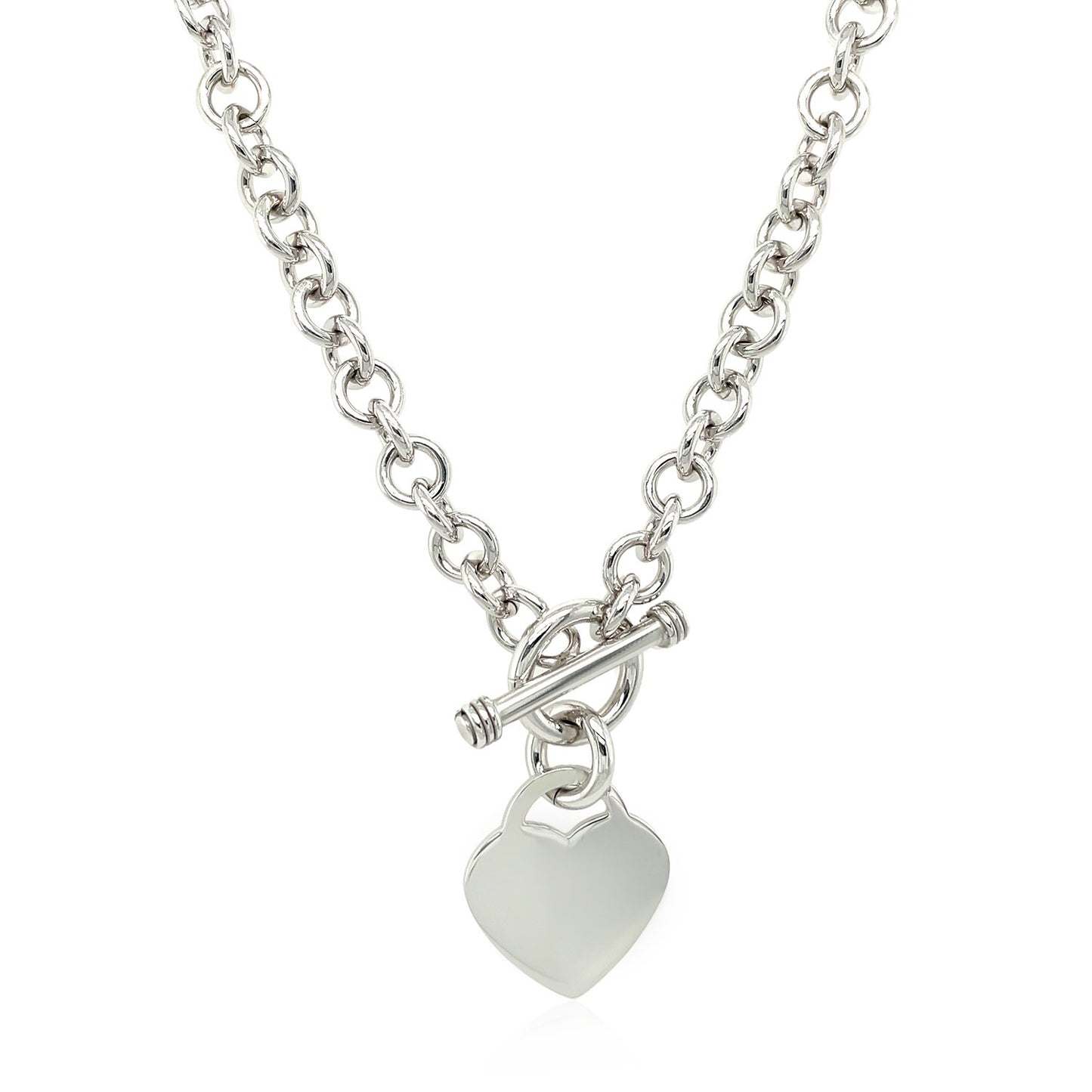 Sterling Silver Rhodium Plated Rolo Chain Necklace with a Heart Toggle Charm