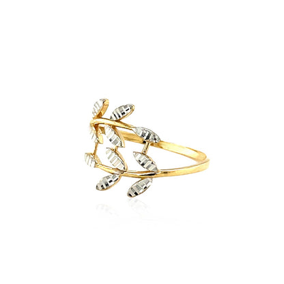 14k Two Tone Gold Crossover Ring with Textured Leaves