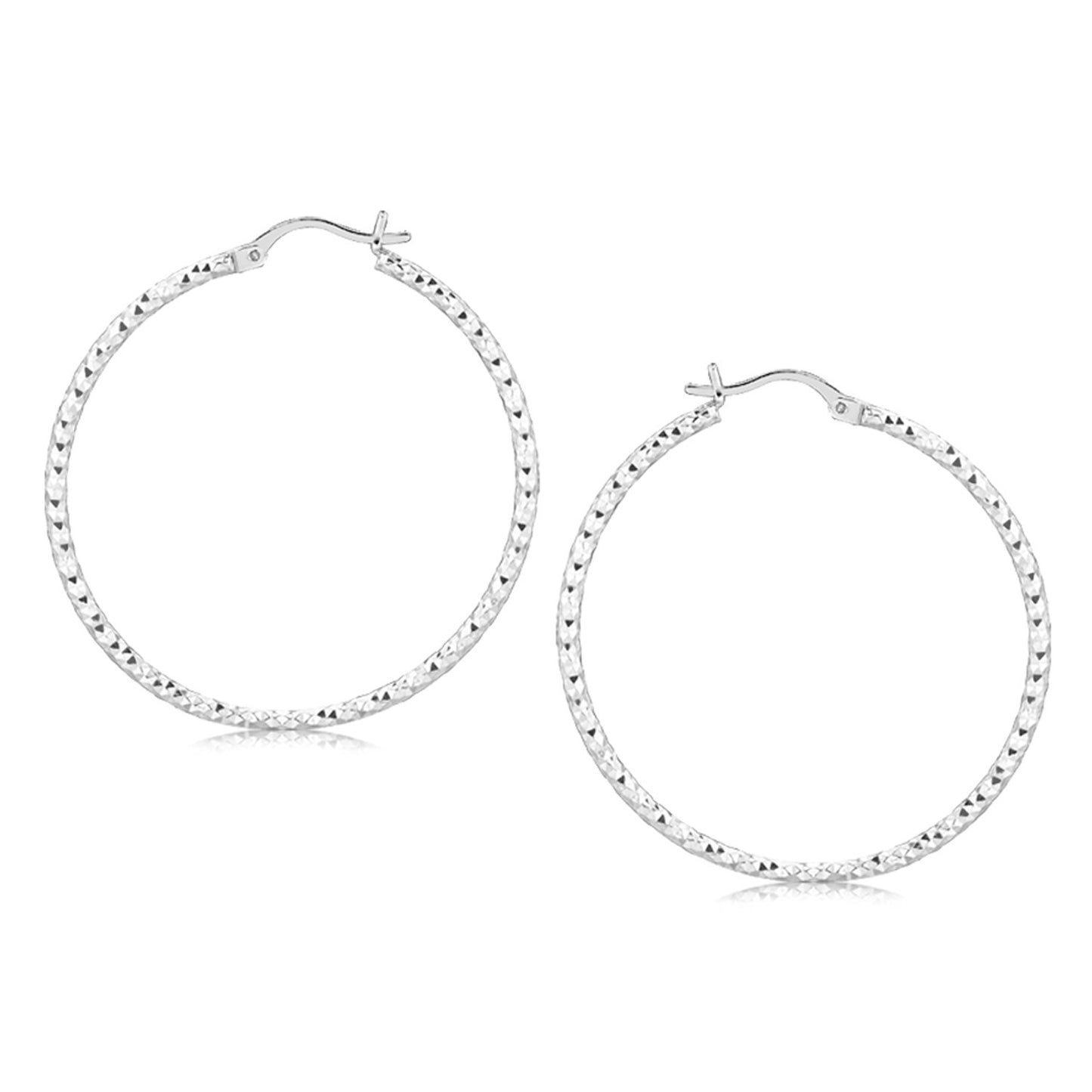 Sterling Silver Rhodium Plated Large Faceted Style Hoop Earrings