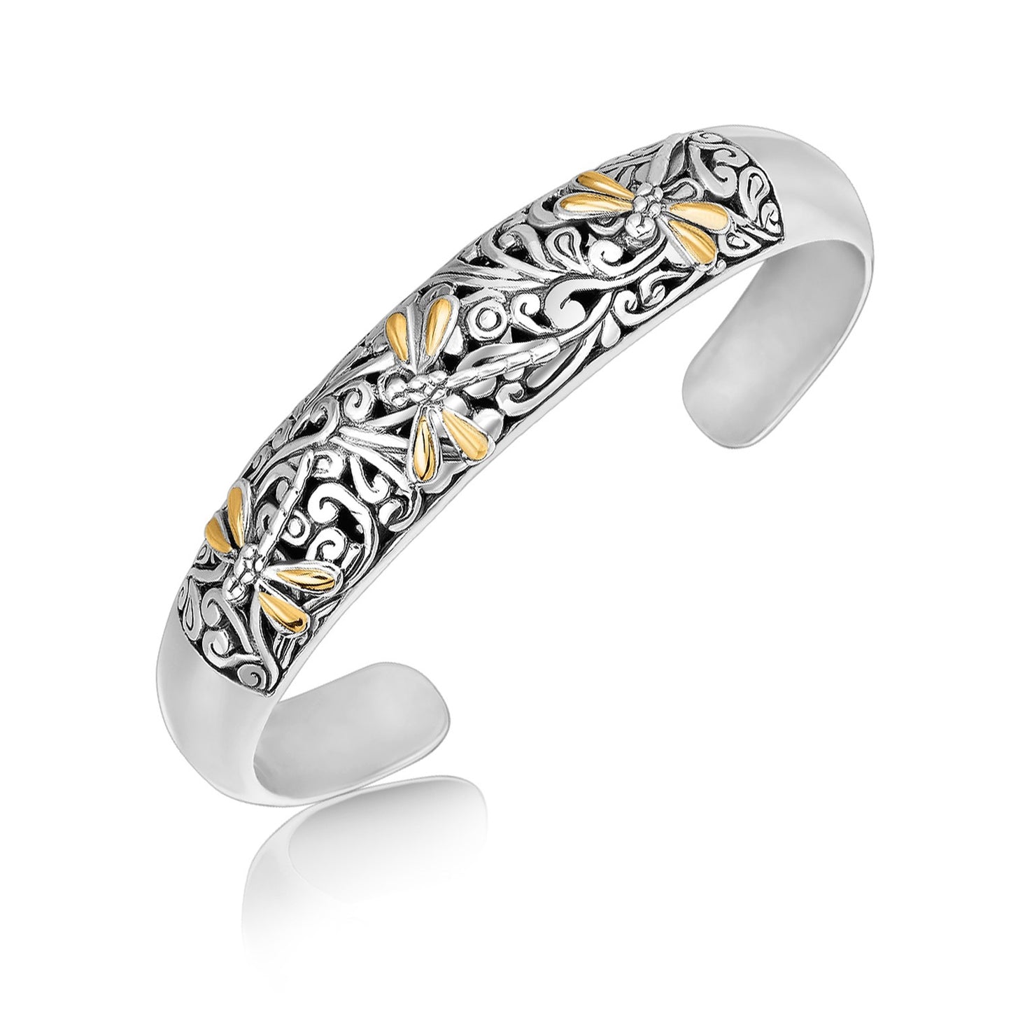 18k Yellow Gold and Sterling Silver Cuff with Dragonfly and Flourishes