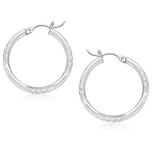 14k White Gold Diamond Cut Hoop Earrings (25 mm)