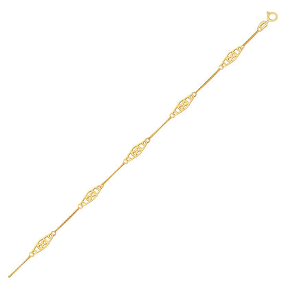 14k Yellow Gold Anklet with Fancy Diamond Shape Filigree Stations