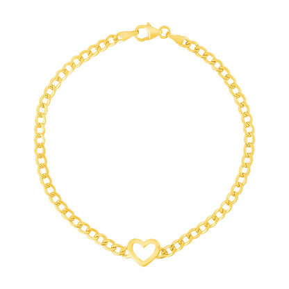 14k Yellow Gold 7 inch Curb Chain Bracelet with Heart