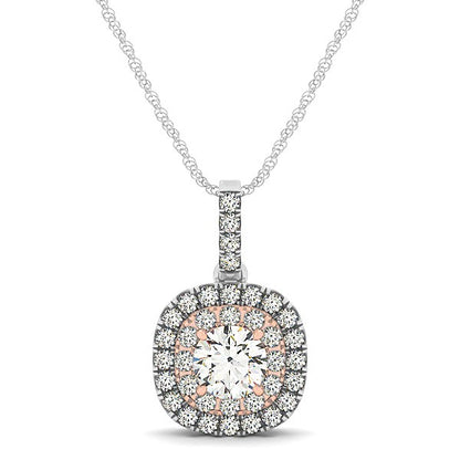 14k White And Rose Gold Cushion Shape Halo Diamond Pendant (1/2 cttw)