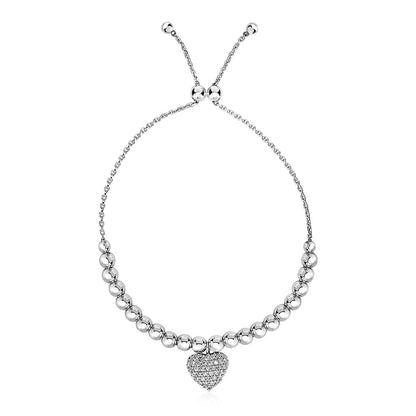 Adjustable Bead Bracelet with Round Charm and Cubic Zirconias in Sterling Silver - Alexandria Jewelry & Company Beverly Hills